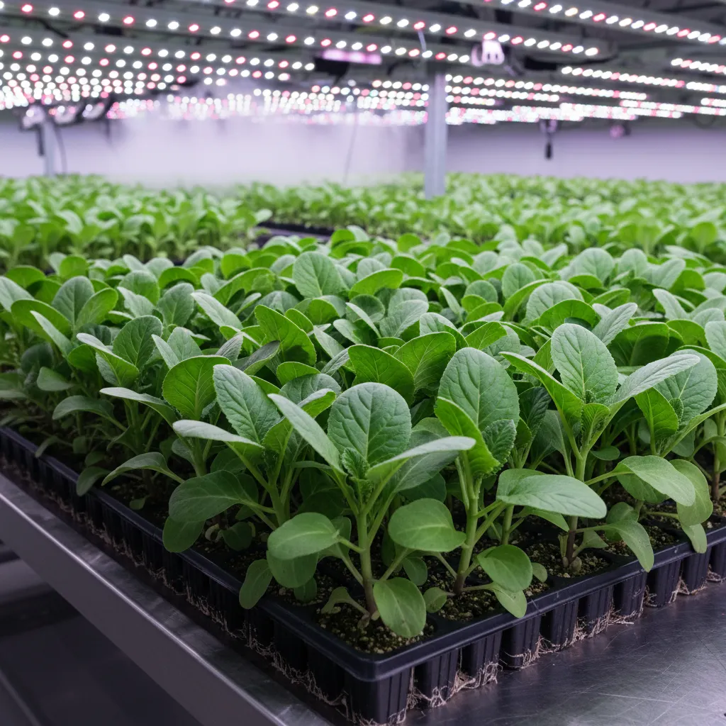 Healthy compact seedlings growing under professional grow lighting
