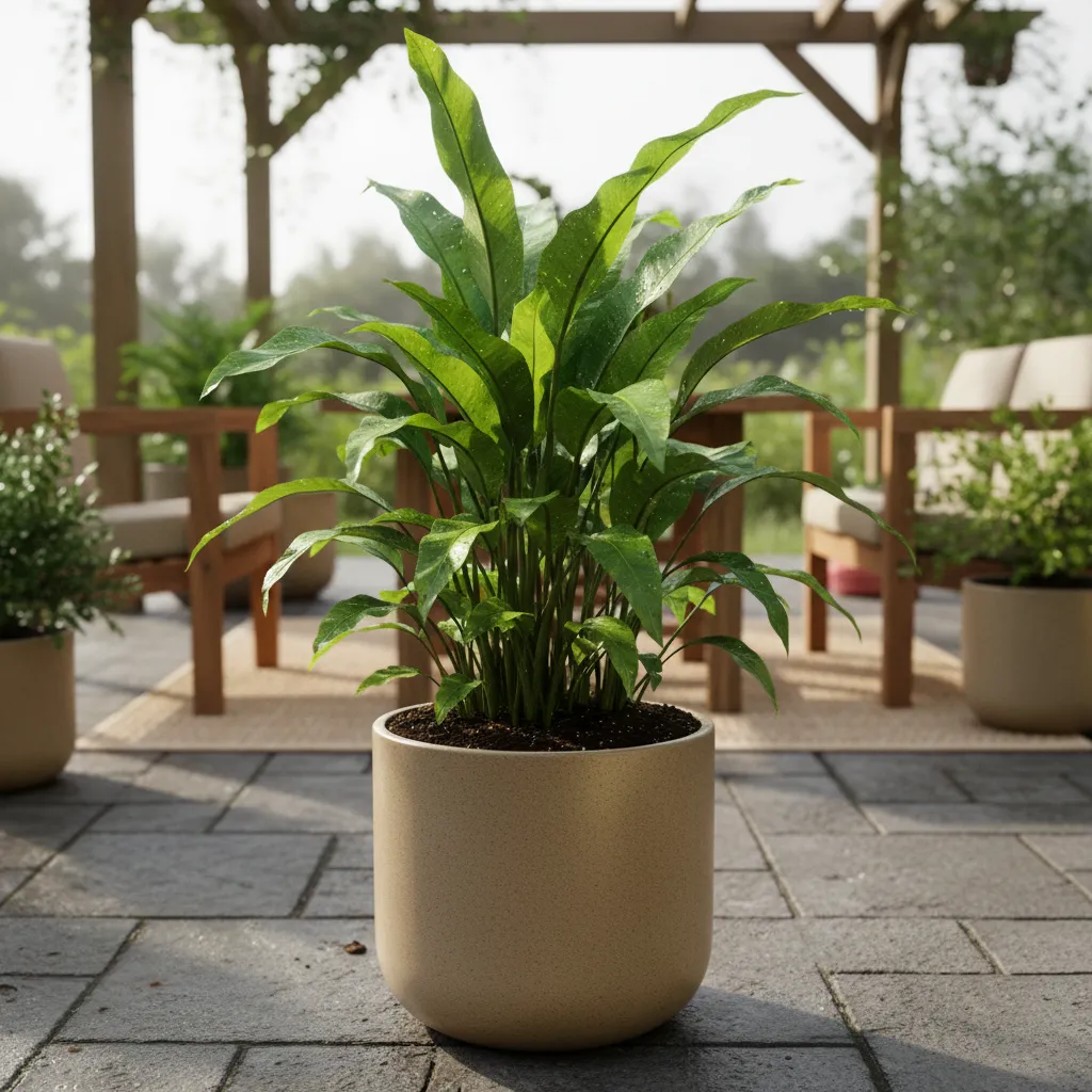 Healthy patio container plant thriving after soil refresh treatment