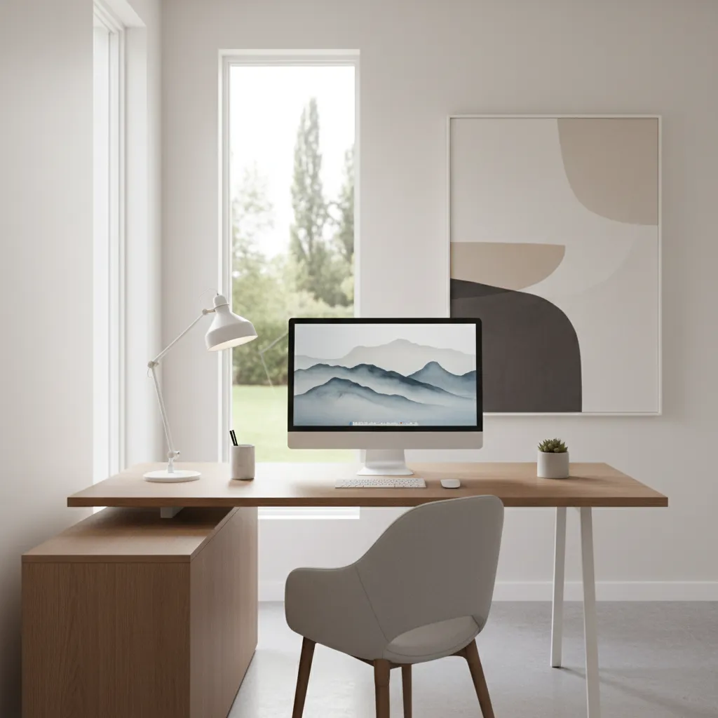 Home office with balanced natural light and desk lamp for eye comfort