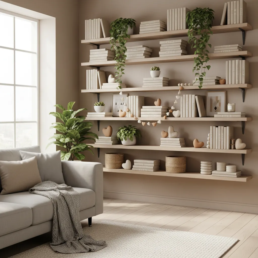 cozy shelf styling with heart shaped decorations in warm home interior