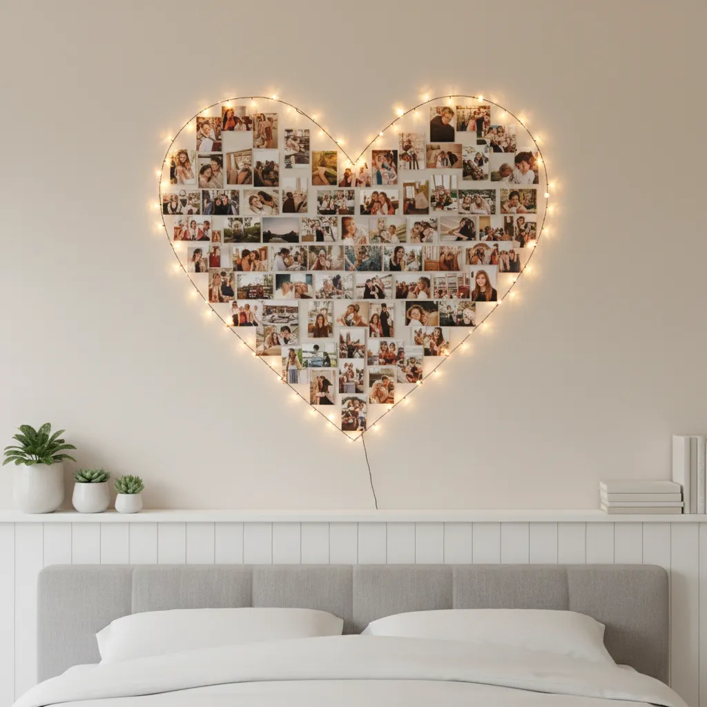 Heart shaped photo wall outlined with string lights