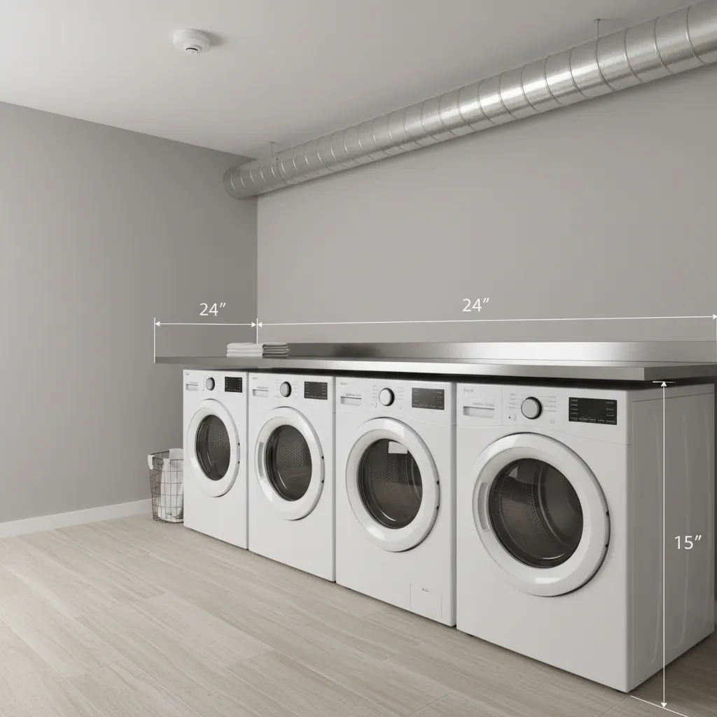 Laundry room showing recommended spacing between heat detector and dryer appliance