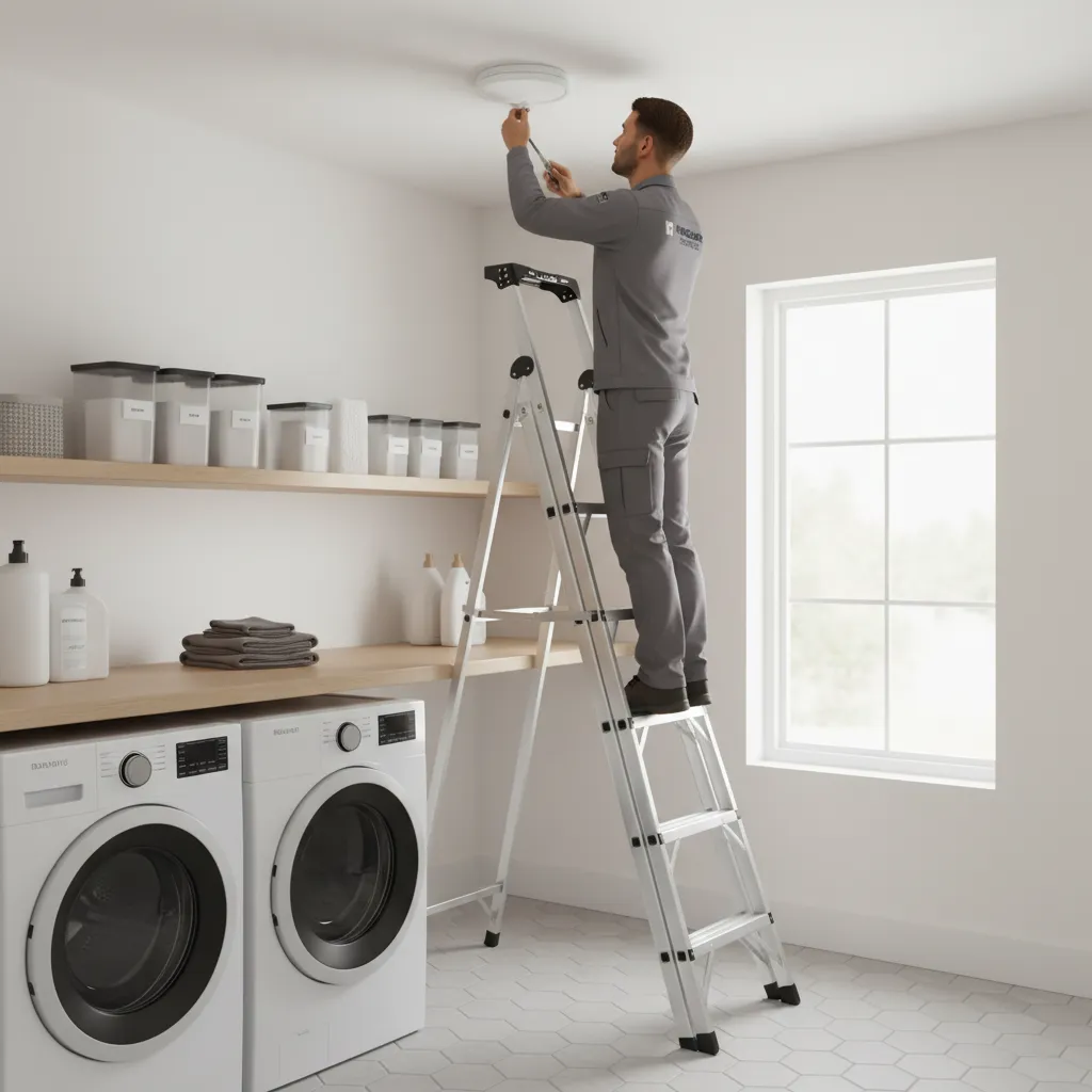 technician inspecting ceiling heat detector in laundry room