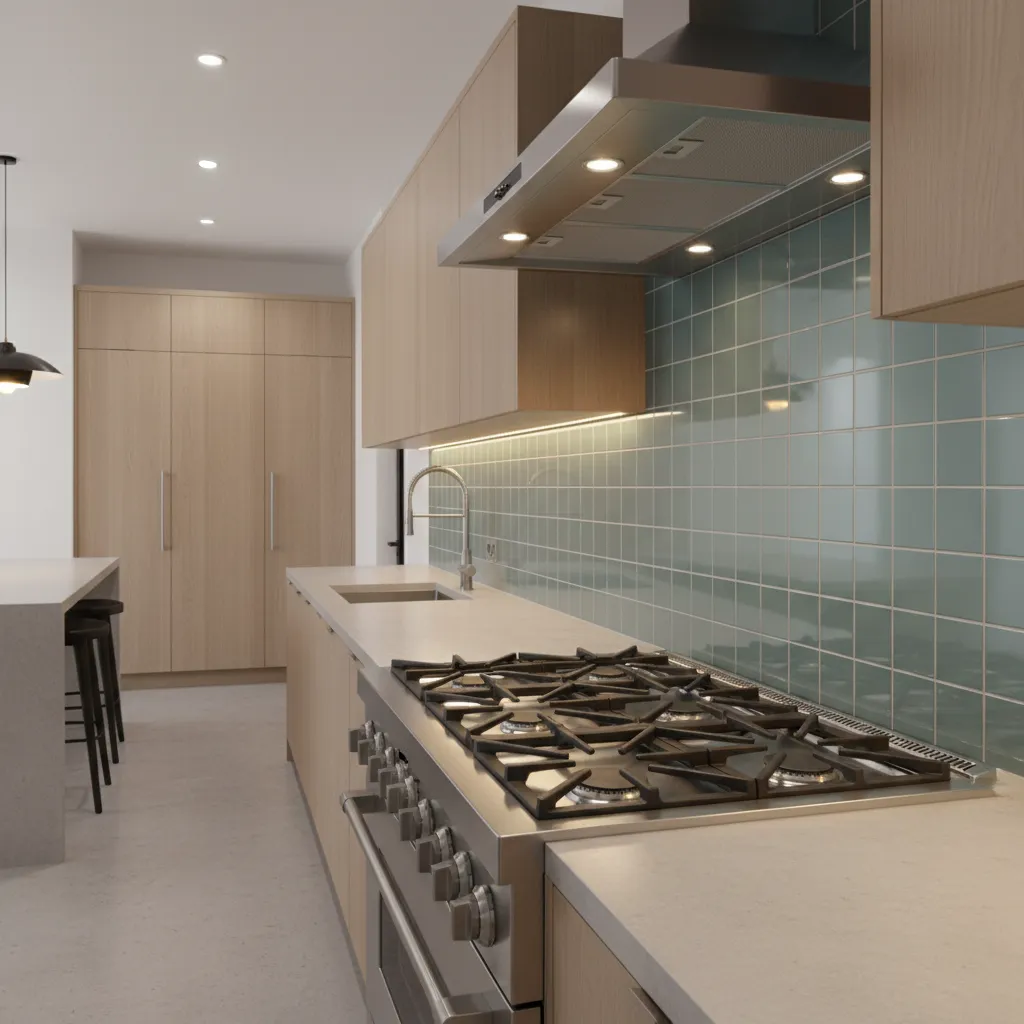 Close view of stove area showing heat resistant backsplash materials