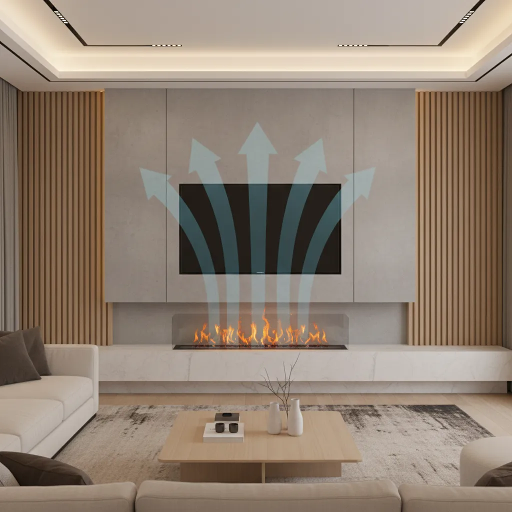 visual explanation of heat rising above fireplace toward wall mounted television