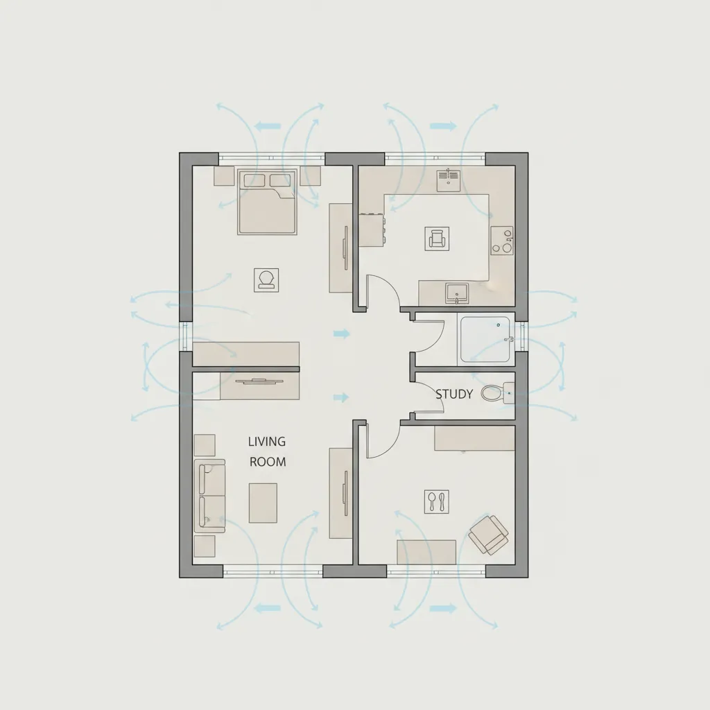 Home layout diagram showing airflow zones for heat pump planning