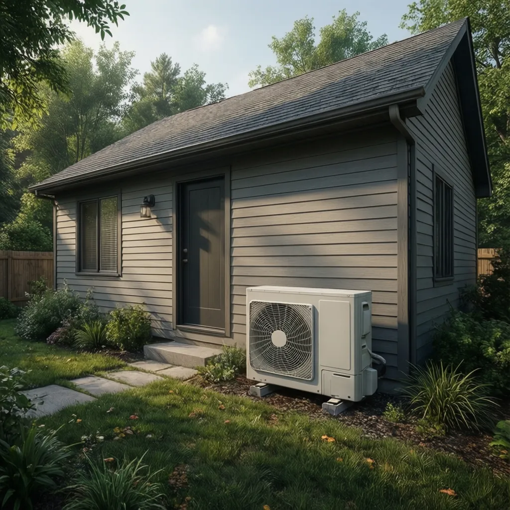 Small 1000 sq ft home exterior with visible heat pump condenser unit