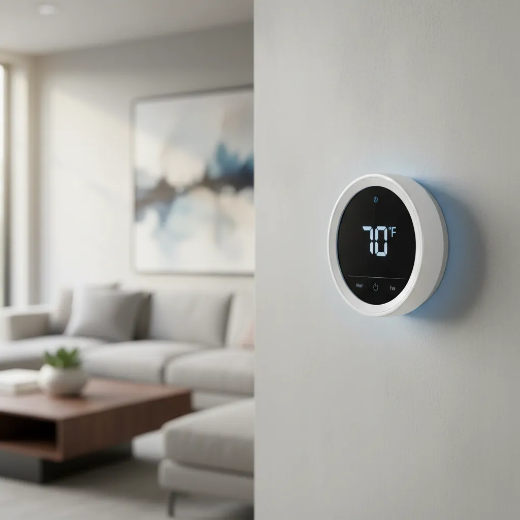 Smart thermostat controlling heat pump temperature settings in modern home