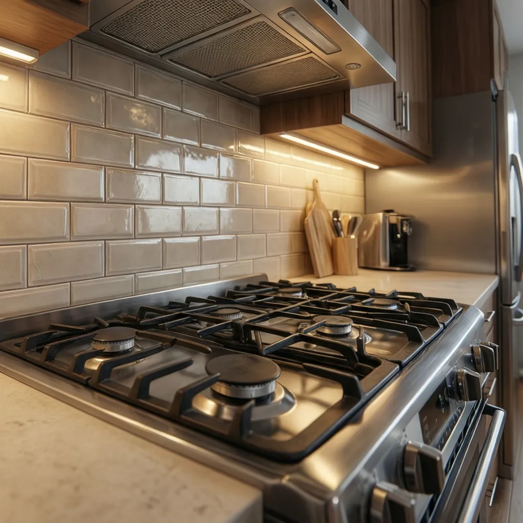 Heat resistant tile backsplash installed behind a gas stove
