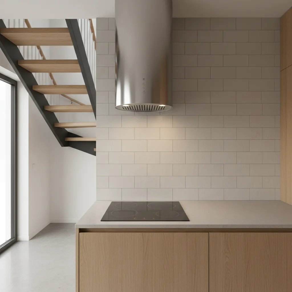ceramic tile backsplash and cooktop installed in under stairs kitchenette