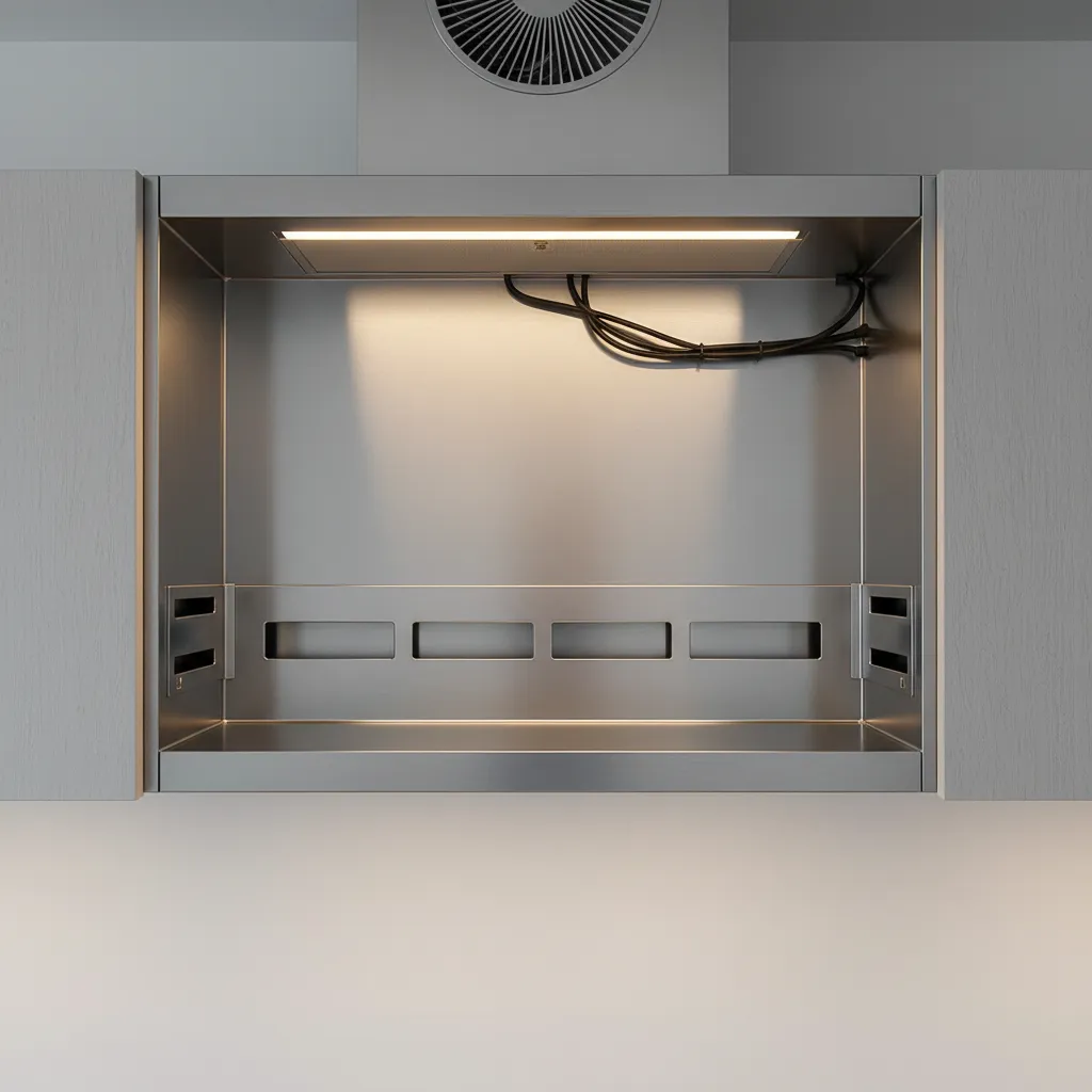 Kitchen cabinet interior with stainless steel liner near a range hood