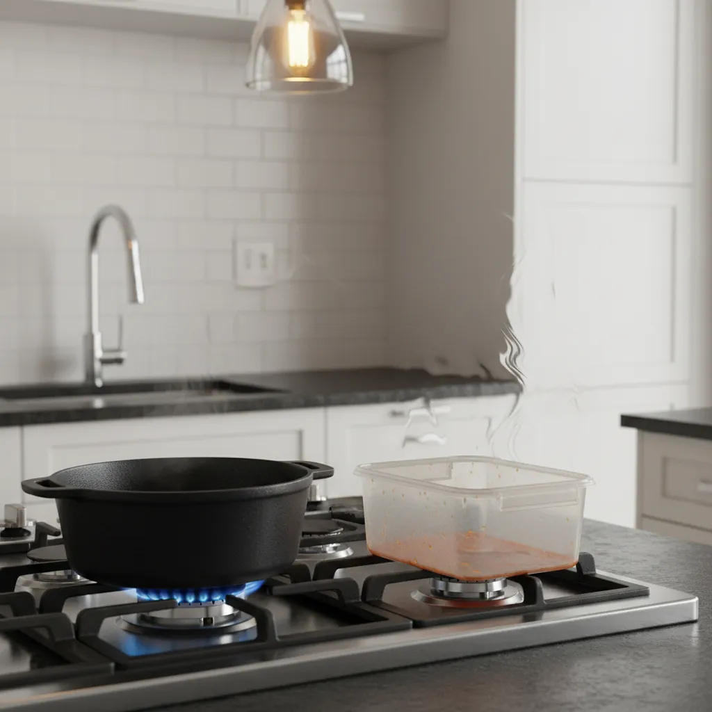 Example of plastic container melting near stovetop illustrating heat hazard