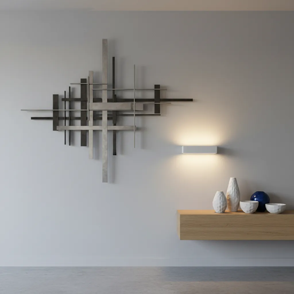 metal and ceramic wall decor placed safely near a wall sconce