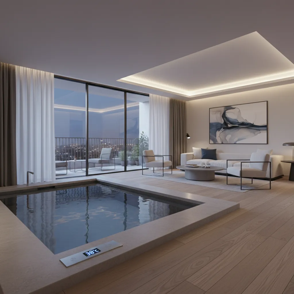 Luxury hotel plunge pool with temperature control panel near the water