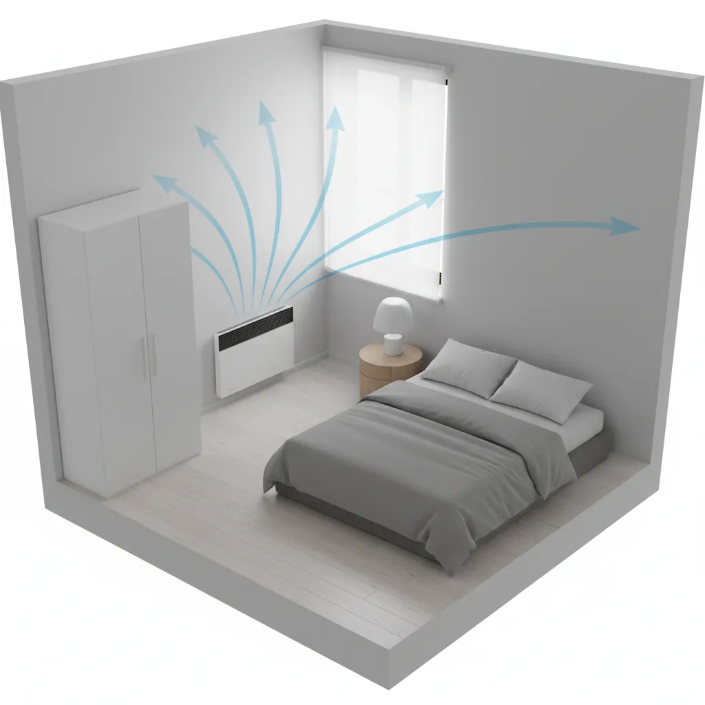 Room layout showing heater placement and heating coverage area