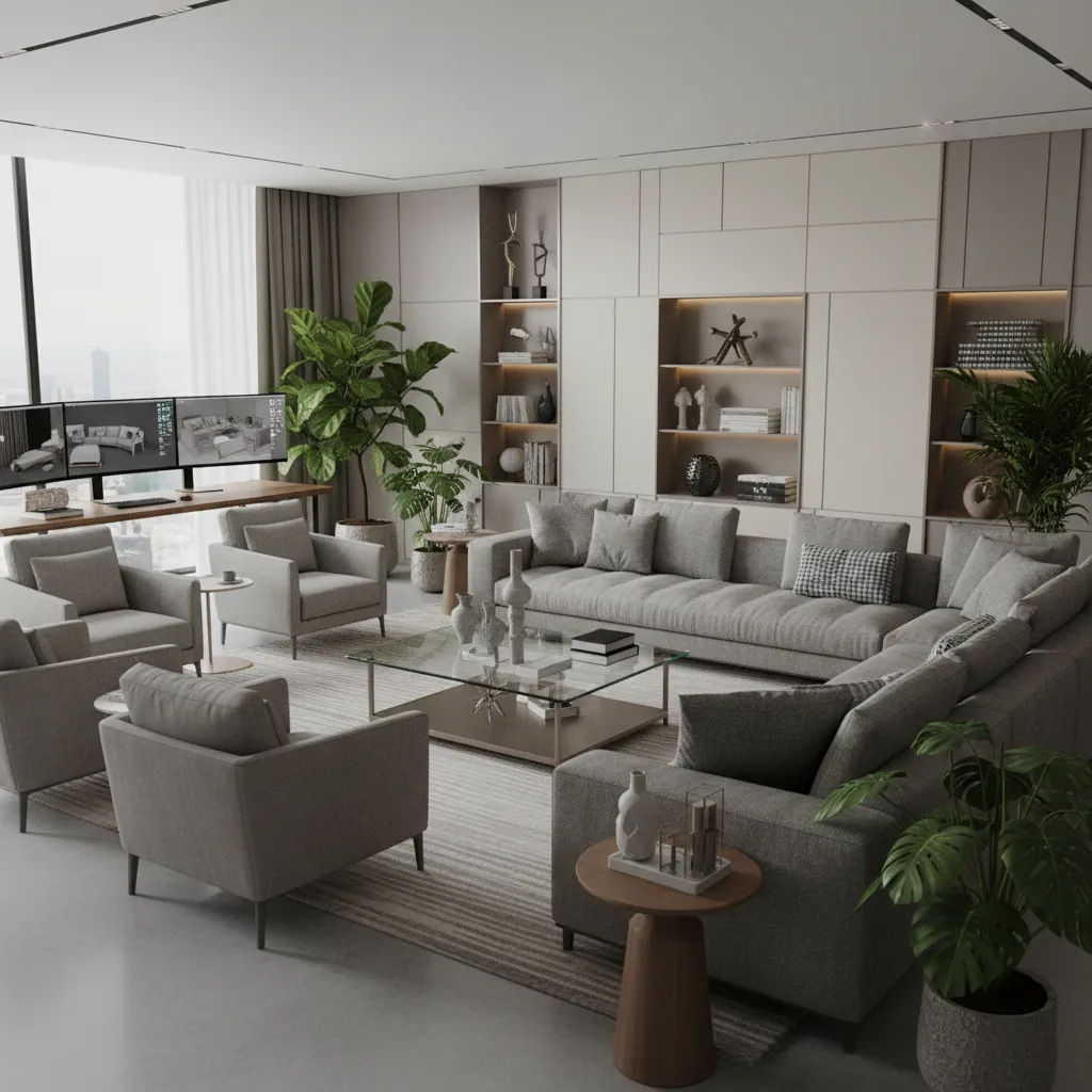 Heavy 3ds Max interior scene with dense high polygon furniture and plants