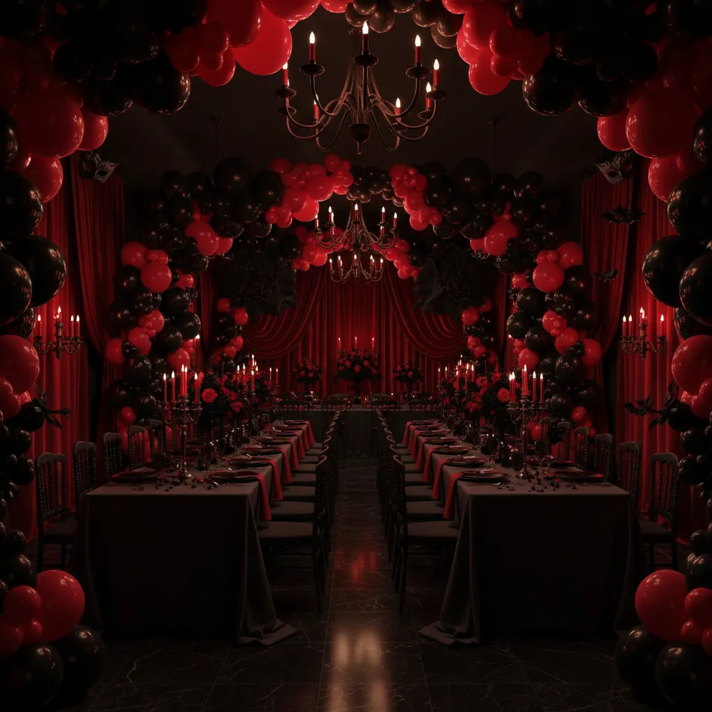 overly dark black and red party decorations with heavy balloon clusters