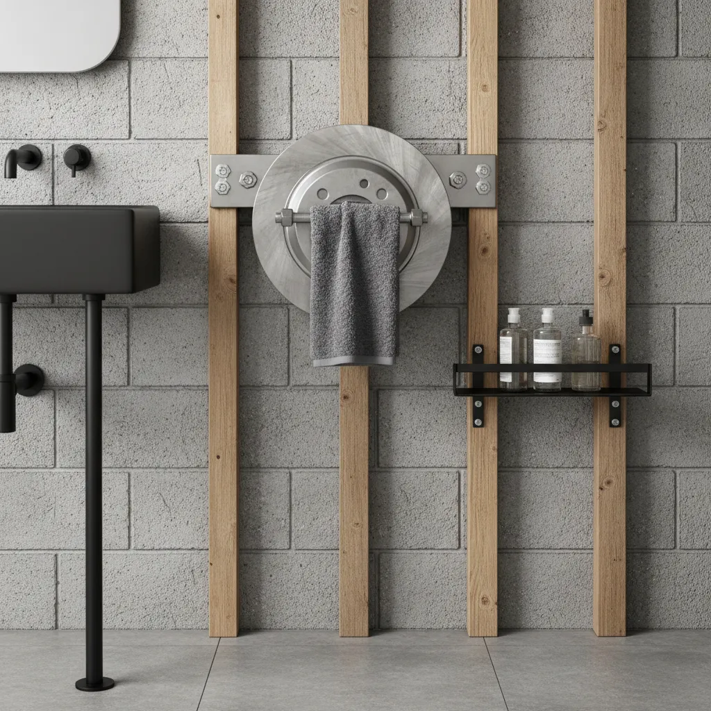 Heavy brake rotor mounted securely as towel holder on reinforced wall