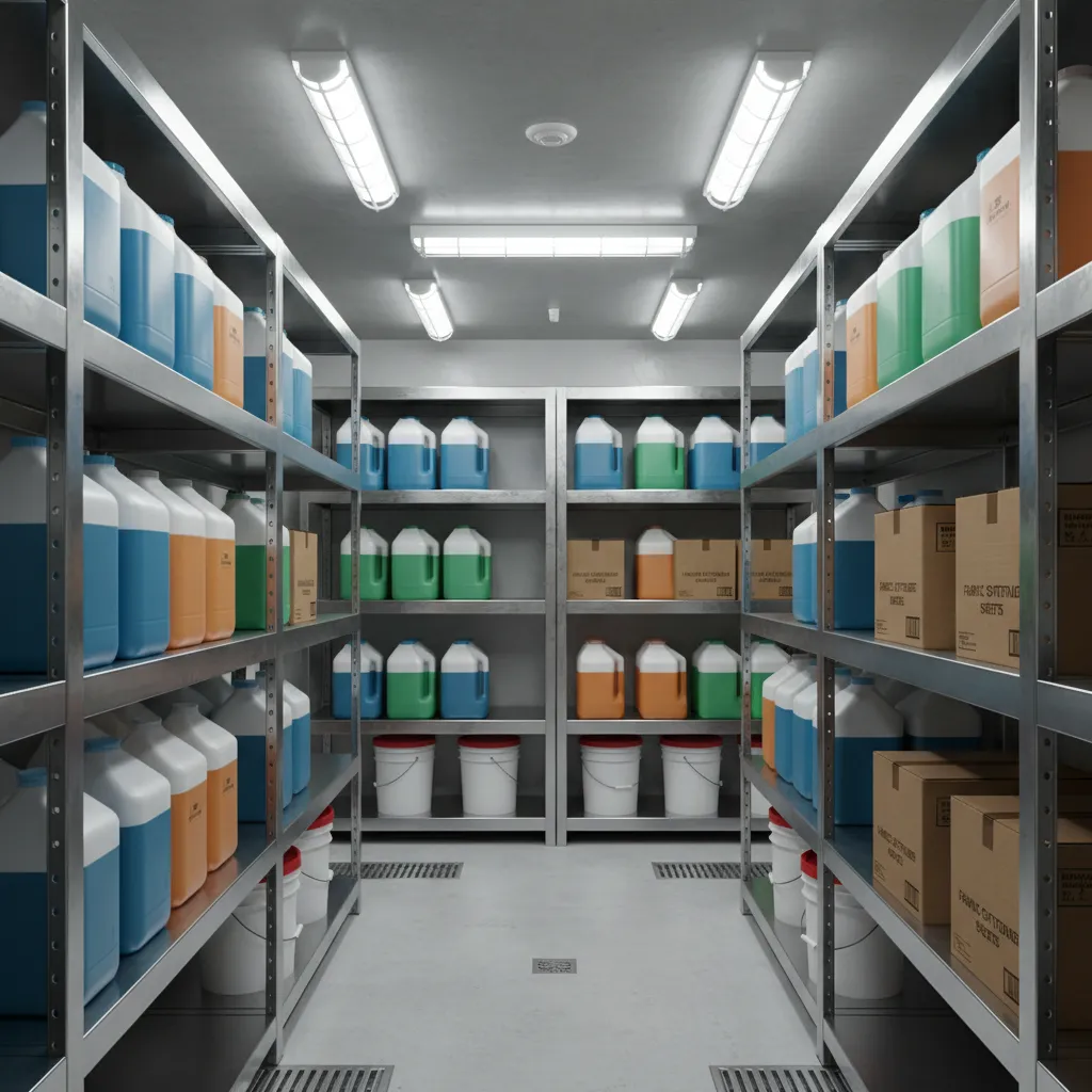 Heavy duty stainless steel shelving storing bulk laundry supplies