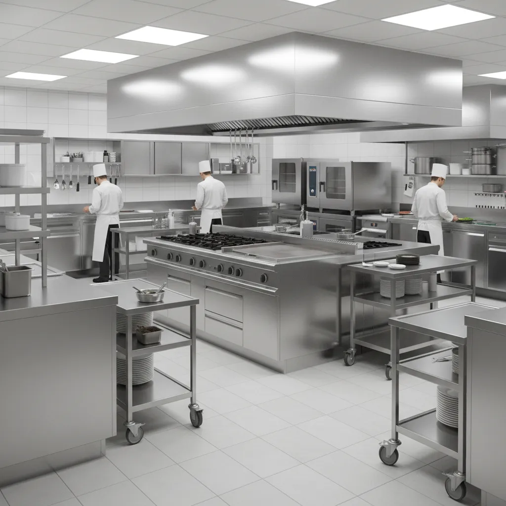 Heavy duty stainless steel toe kick protecting cabinets in a busy kitchen