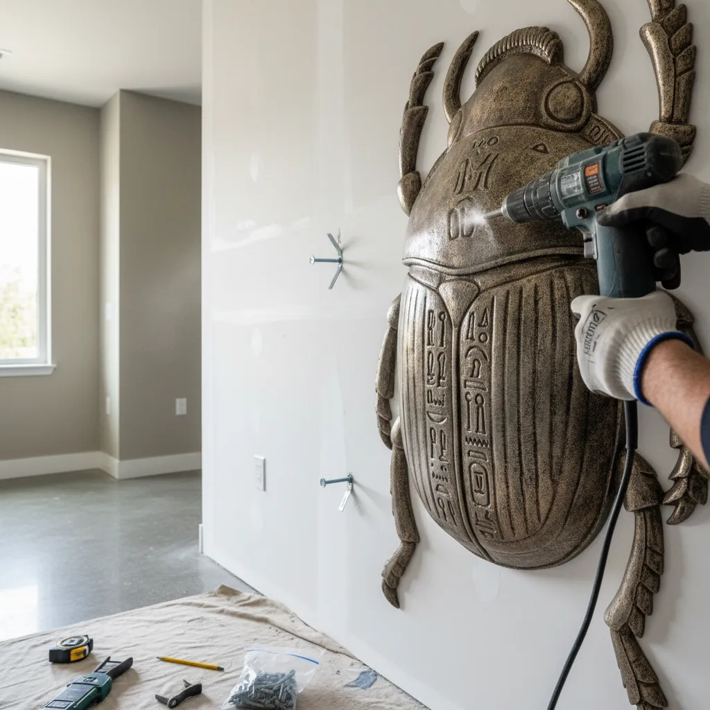 Installing heavy Egyptian metal wall decor using wall anchors