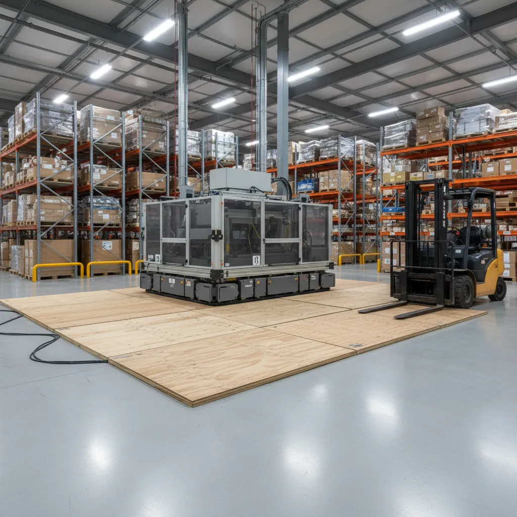 heavy warehouse equipment placed on protective boards over newly painted floor