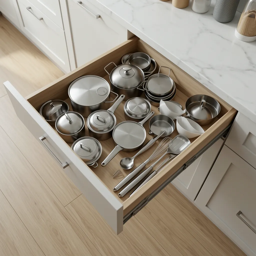 Heavy kitchen drawer filled with cookware and utensils