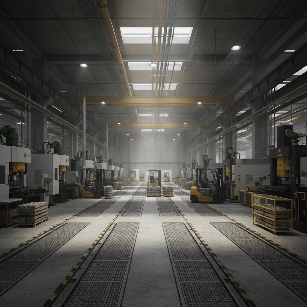 Heavy manufacturing factory floor with reinforced utility piping channels and machinery