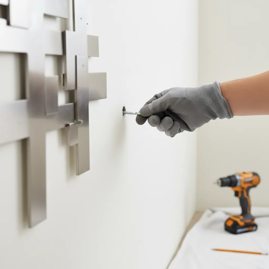 Person in grey glove inserting plastic wall plug into white wall for metal wall decor