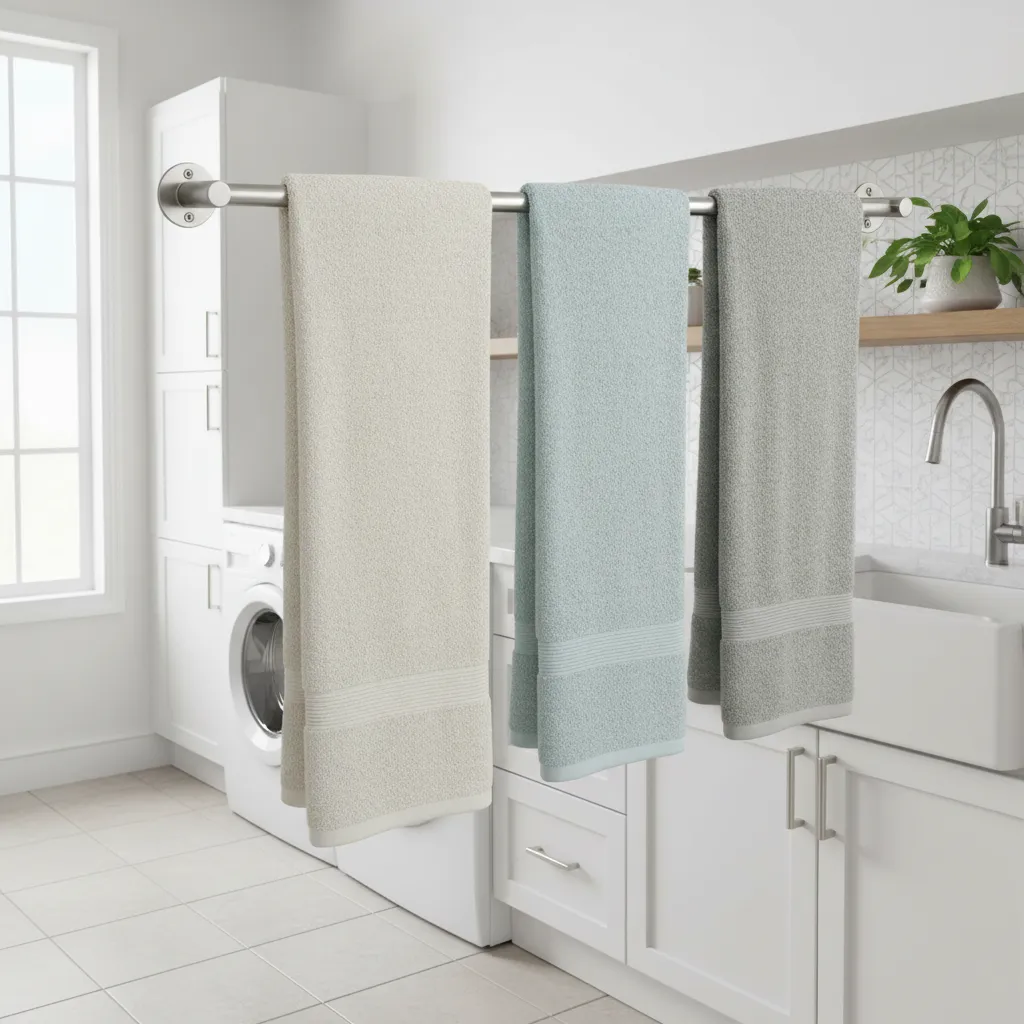 Thick towels hanging on strong stainless steel laundry rod demonstrating load capacity