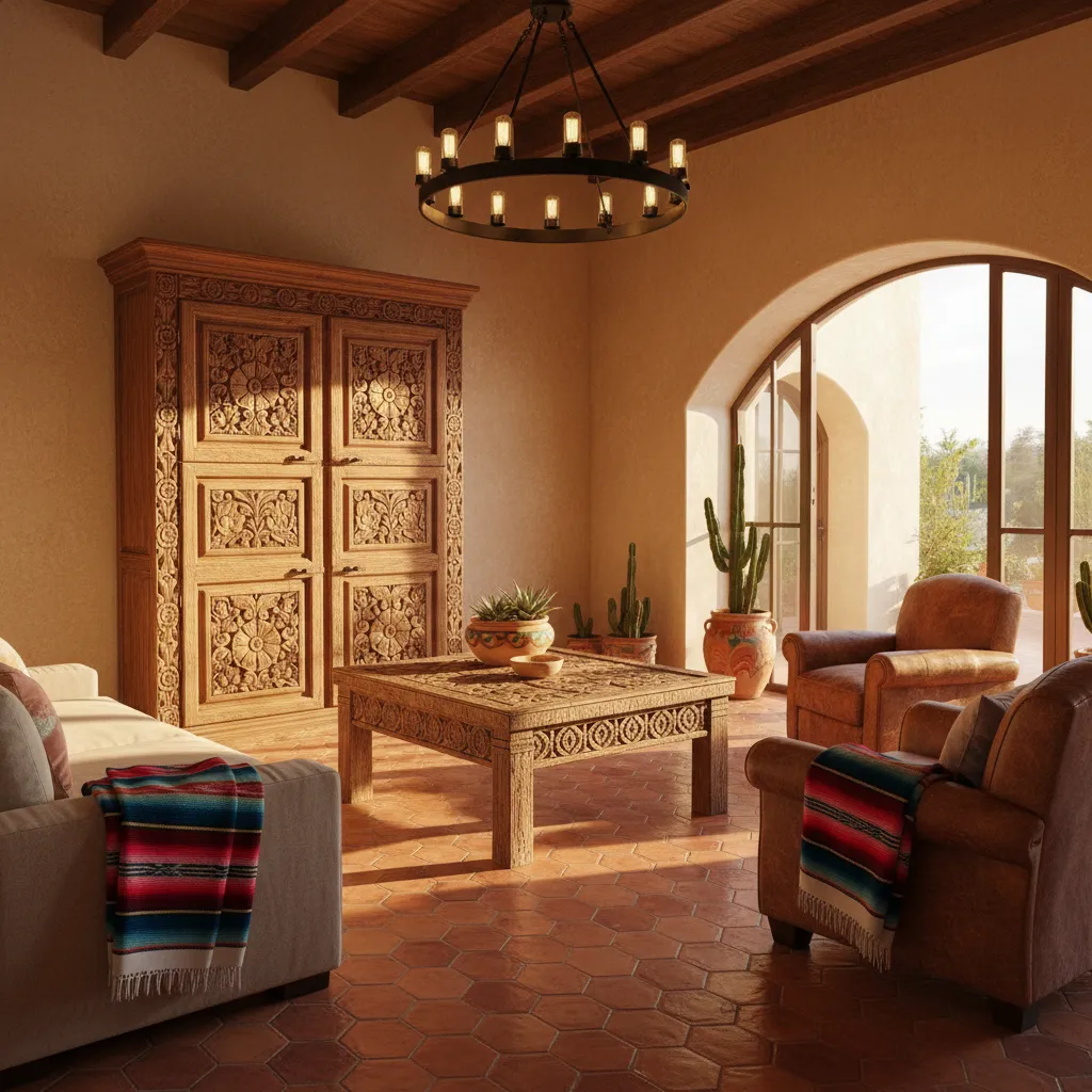Living room with large carved wooden furniture placed against southwest wall