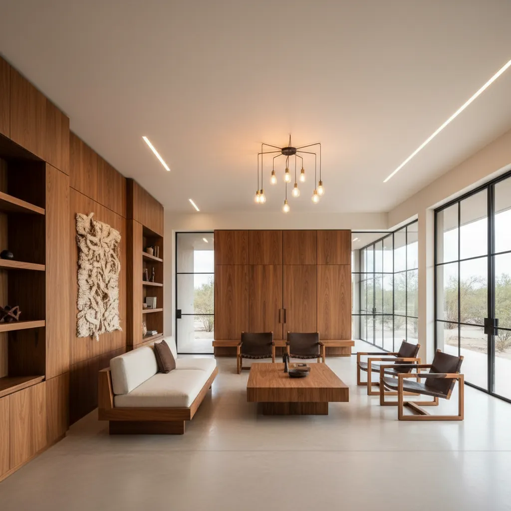 Interior minimalista con mobiliario de diseño y madera natural