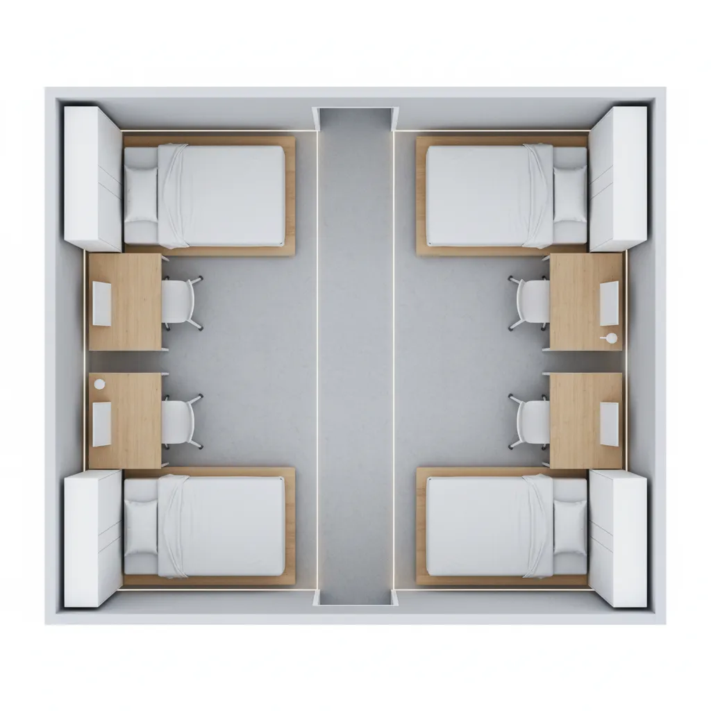Top view layout of Helaman Halls dorm showing furniture placement and walking paths
