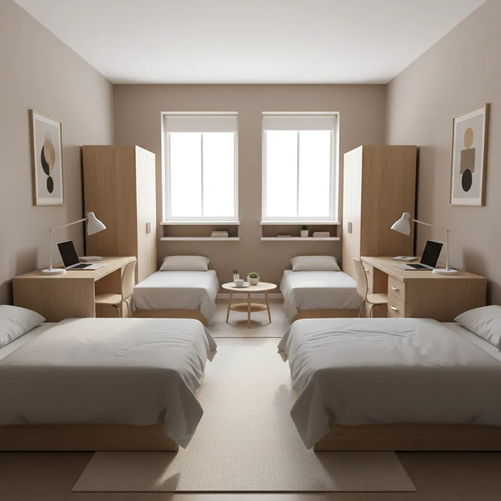 typical helaman halls dorm room layout with two beds desks and shared walkway