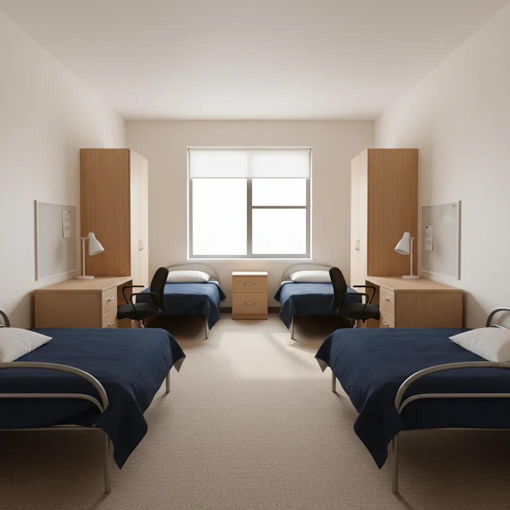 Typical Helaman Halls dorm room with two beds desks and wardrobes