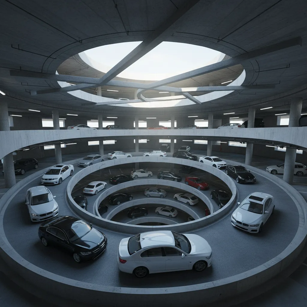 Structural view of circular helical parking ramp in underground garage