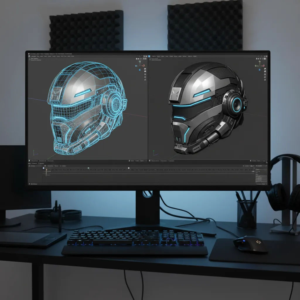 high poly 3D helmet model displayed in professional modeling software