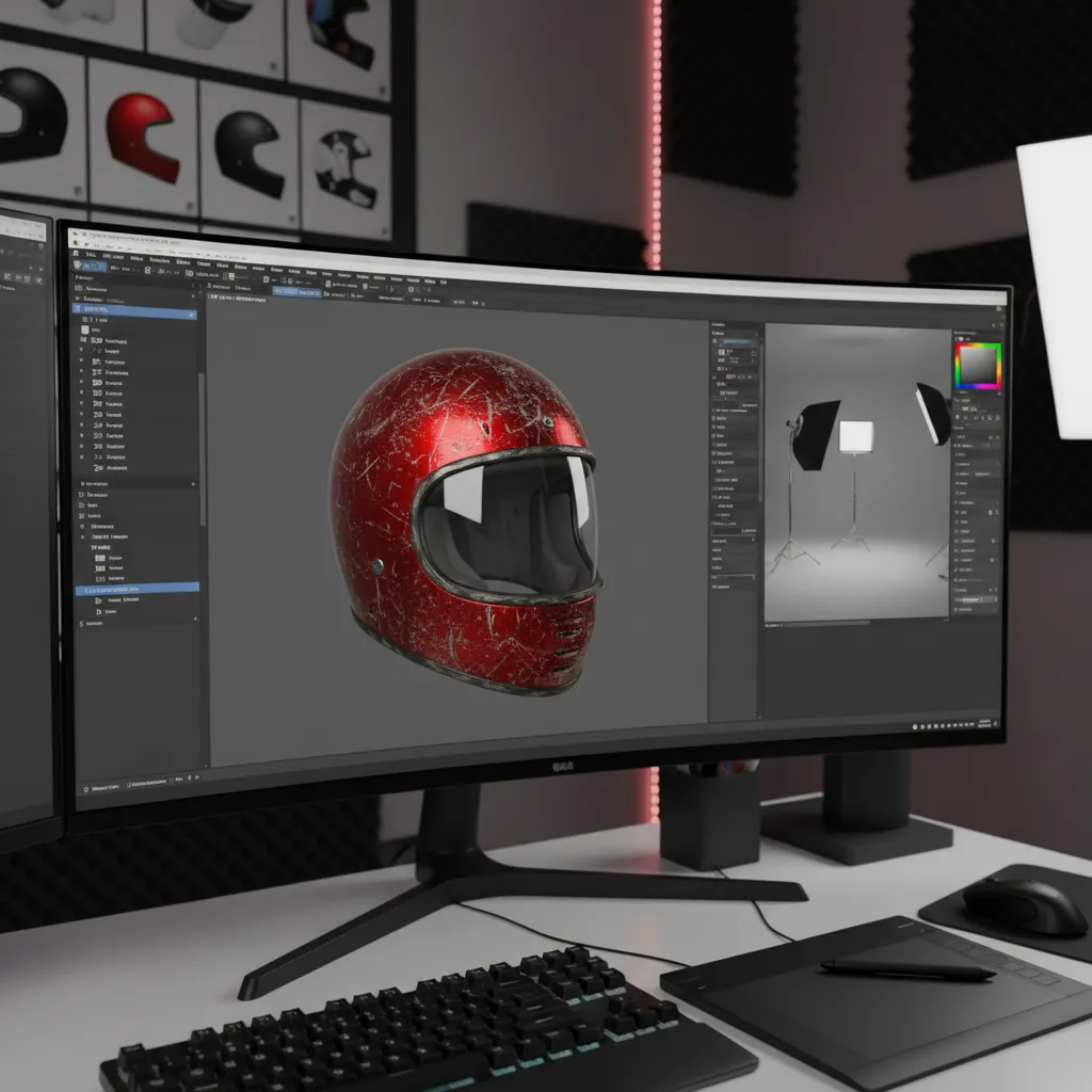 texturing process of a helmet 3D asset with realistic materials