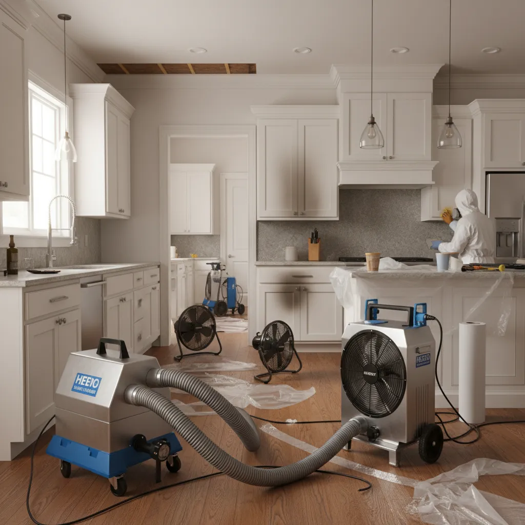 HEPA air scrubber machine operating in kitchen during smoke restoration