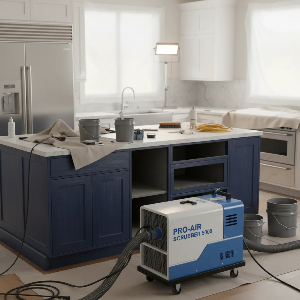 HEPA air scrubber operating in kitchen during smoke damage restoration