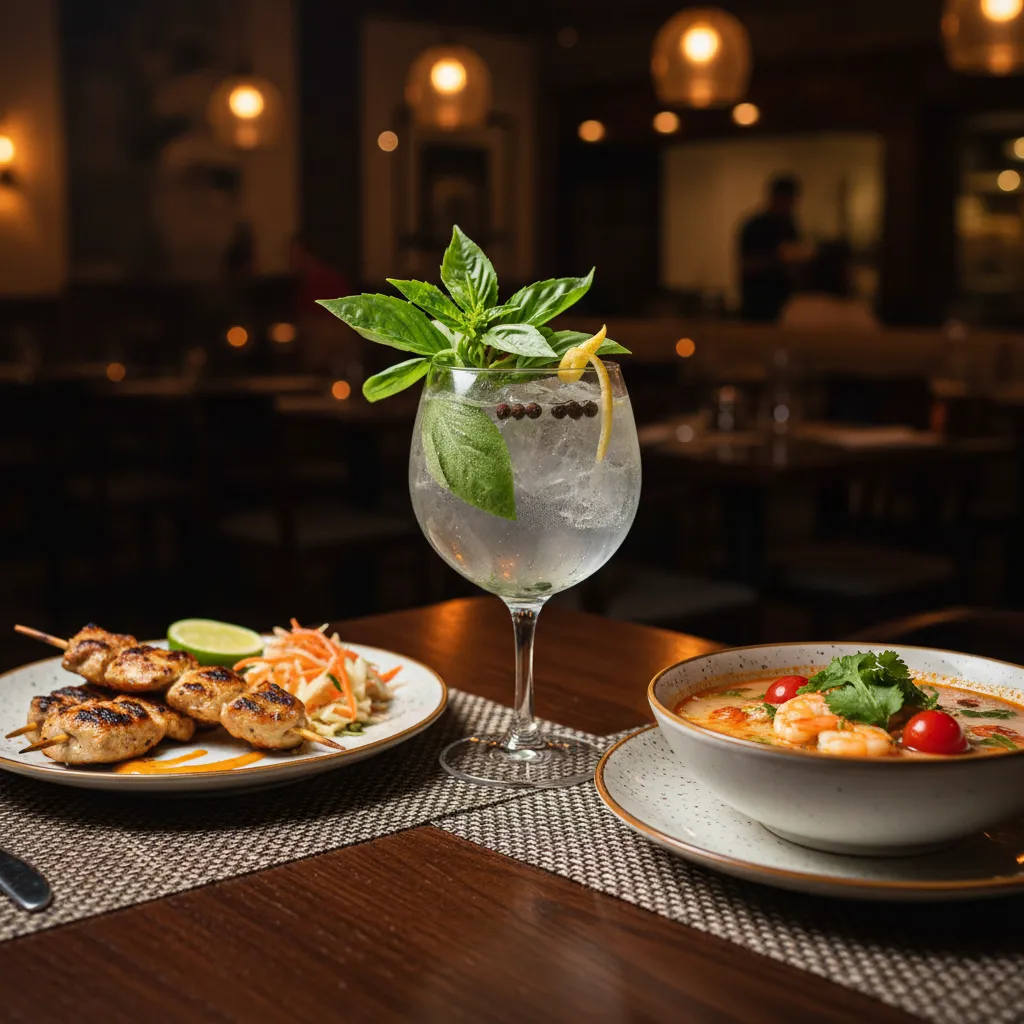 Herbal gin cocktail with basil garnish served beside Southeast Asian food dishes