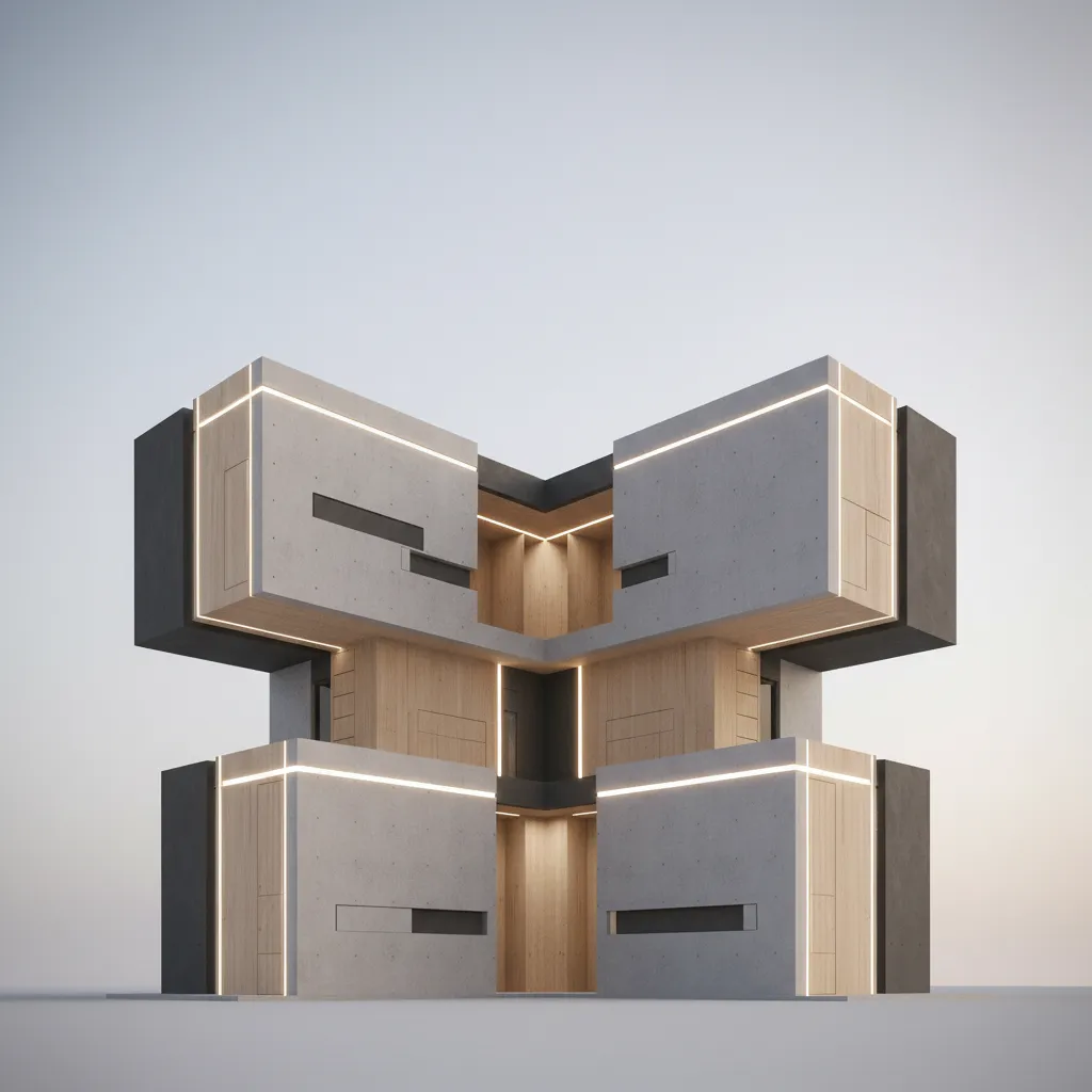 Modern square house design with concrete walls wood panels and glowing light strips under clear sky