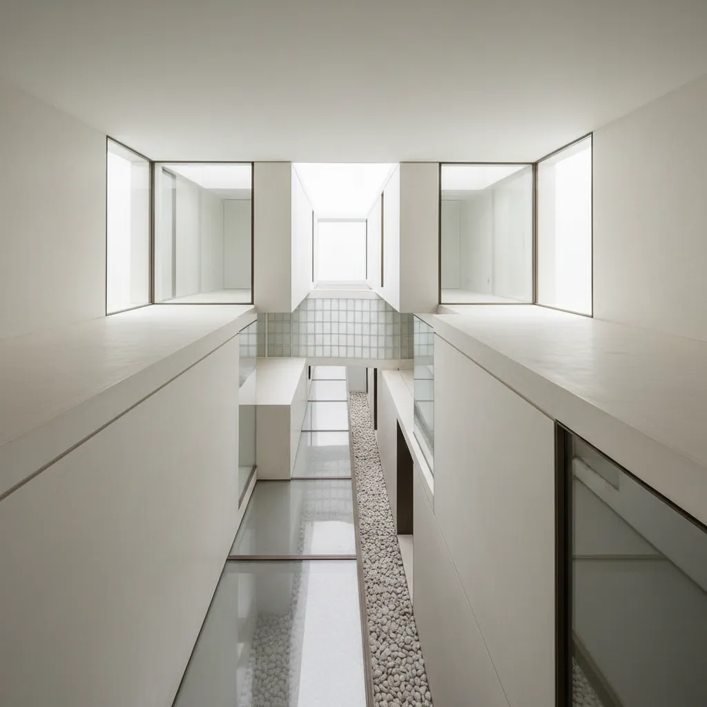 Modern white interior with glass floors narrow walkways pebble details and bright natural window light