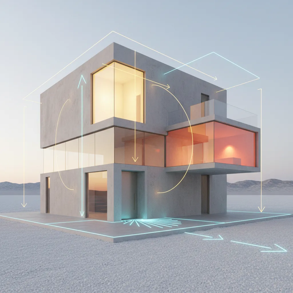 Modern interior design drawing showing a square house with big windows and yellow light glow