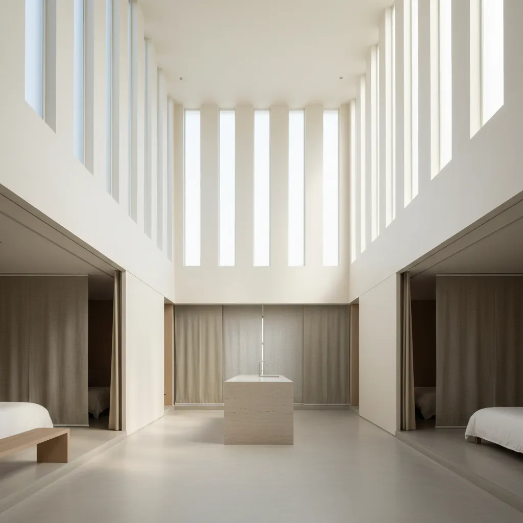 Minimalist white room with high ceiling windows and stone kitchen island between two bedroom areas