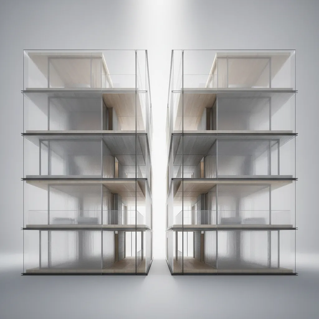 Modern interior design drawing of two glass buildings with five floors each and minimalist wooden decks
