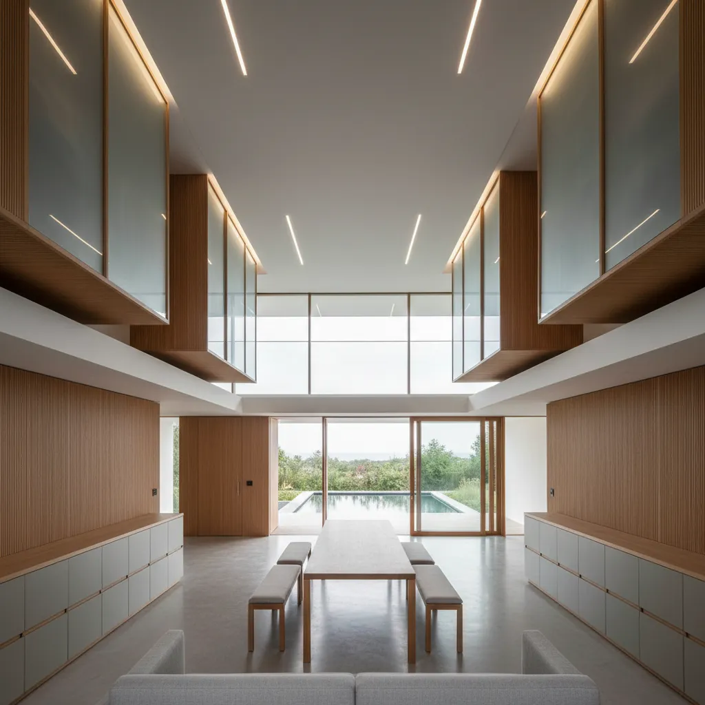 Modern interior design drawing showing wooden wall panels long dining table and swimming pool view