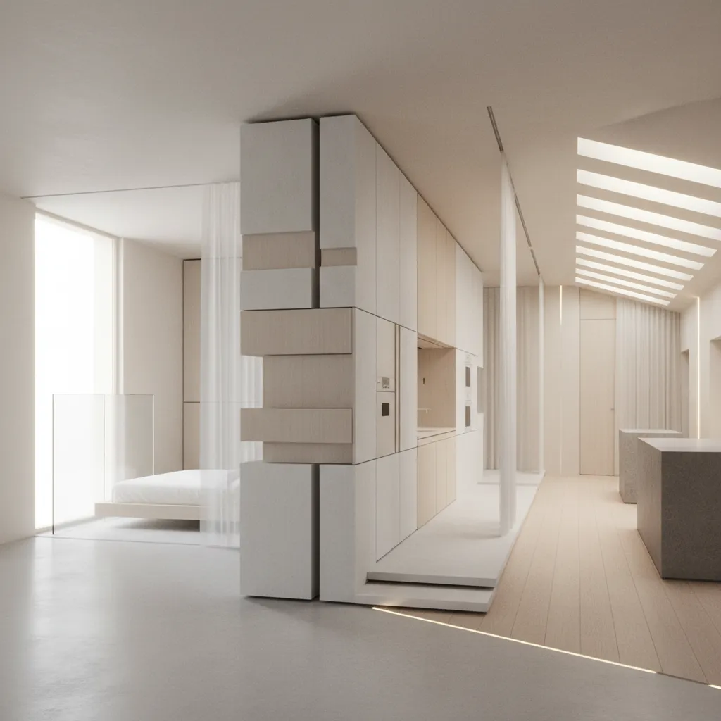 Modern minimalist room layout with white wall panels wooden floors sheer curtains and natural light