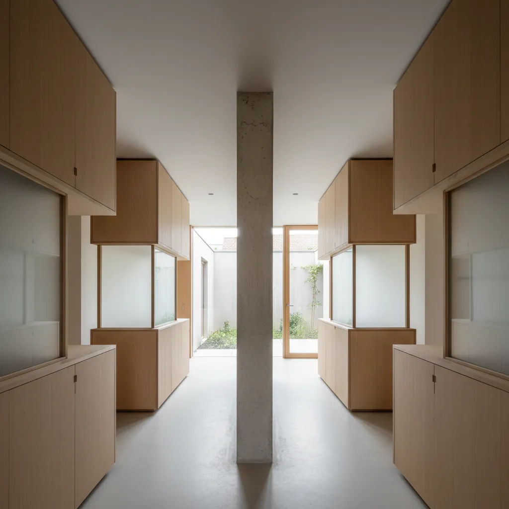 Modern interior design showing wooden cabinets along walls and a central concrete pillar facing outdoors