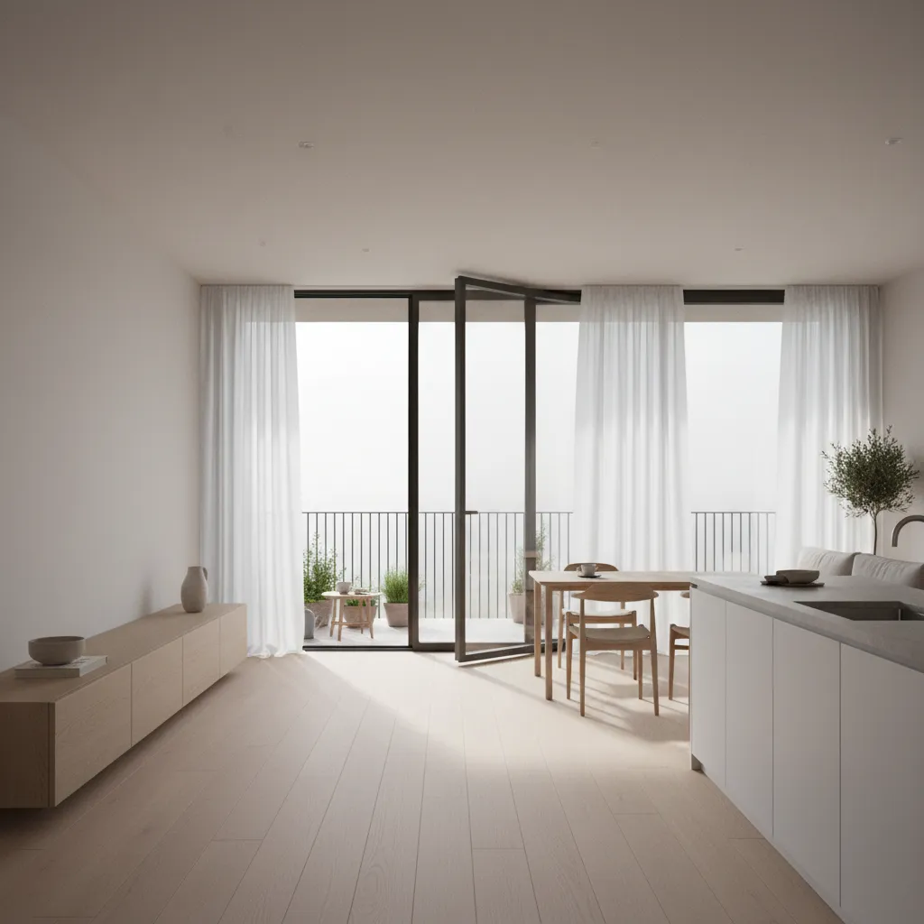 Modern minimalist living area with light wood floors white curtains dining table and a balcony